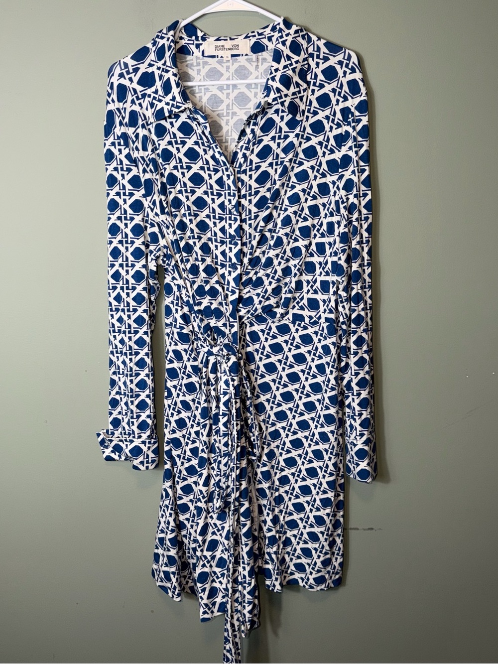 Diane Von Furstenberg Women’s Blue and White Geometric Didi Wrap Dress XL